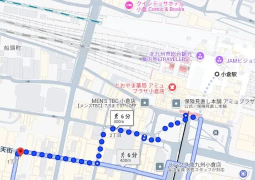 1to1、門司・戸畑・八幡エリアからも通える小倉駅からの距離、グーグルマップ切り抜き