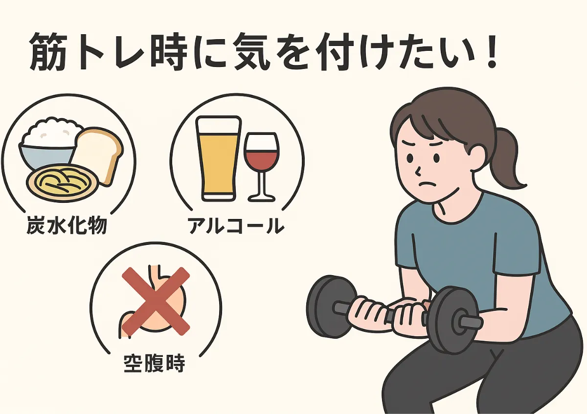 筋トレ時に気を付けたい！炭水化物・アルコールの摂取・空腹時の運動のリスクとは？ アイキャッチ